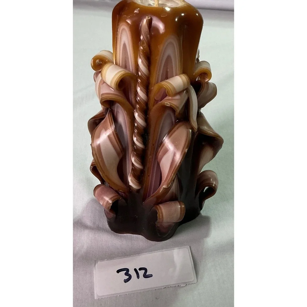 Vintage Hand Carved Layered Pillar Candle Brown Pink Cream Floral Scroll